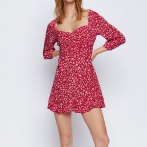Zara red and‎ white dainty floral print 3/4 sleeve sweetheart mini dress